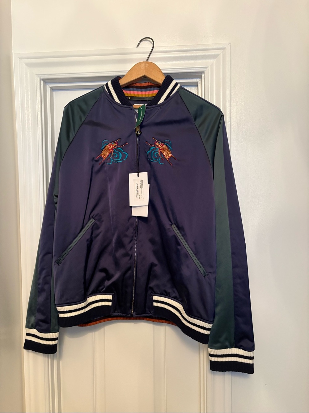 Paul Smith Navy and Forest Green Satin Embroidered Bomber Jacket
